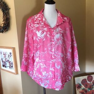 CHICOS Size 3 L/XL BurnOut Floral ButtonDown Linen Rayon Lightweight Graffiti